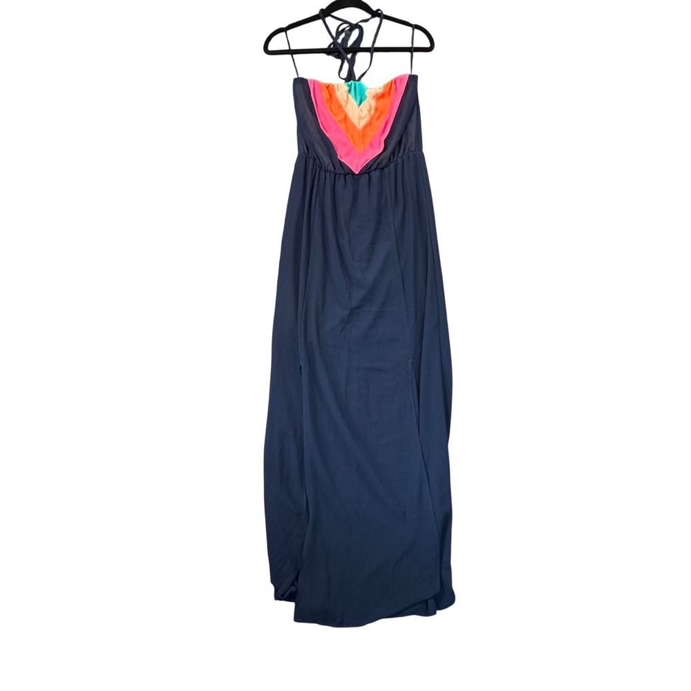 Jealous Tomato Navy Chevron Halter Maxi Dress Women's Medium Boho Festival